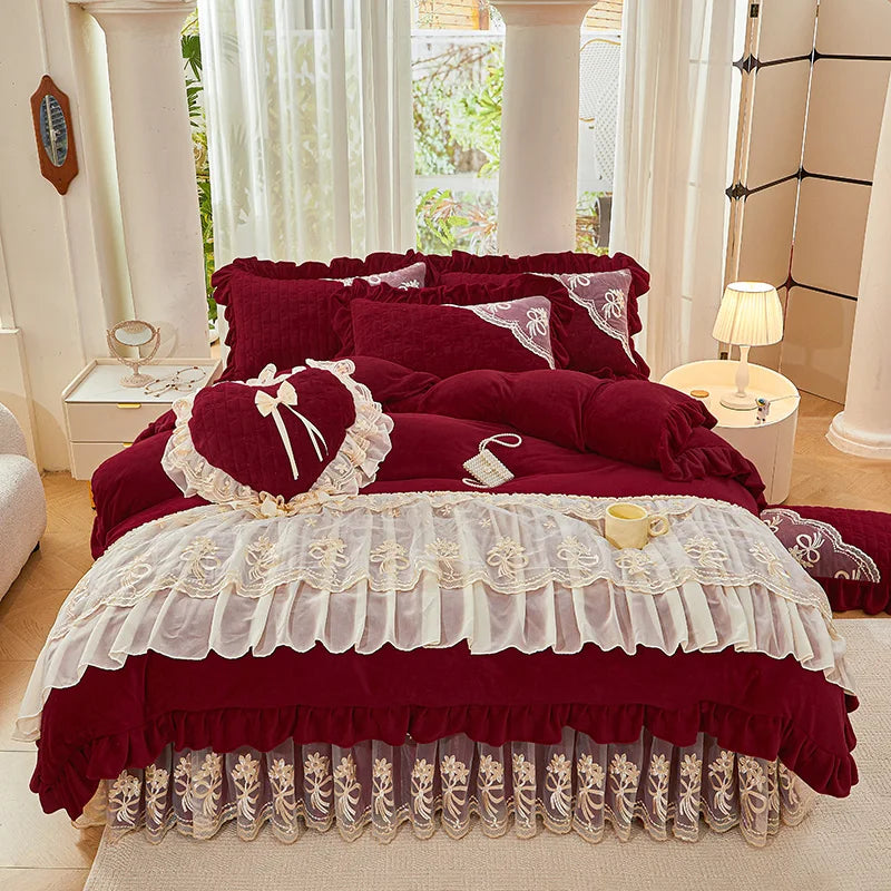 Afralia™ Princess Burgundy Red Velvet Bedding Set - Duvet Cover, Bed Skirt, Bedspread, Pillowcases