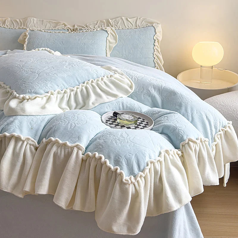 Afralia™ Princess Velvet Fleece Ruffles Winter Bedding Set - Plush Coral Velvet Duvet Cover & Sheet