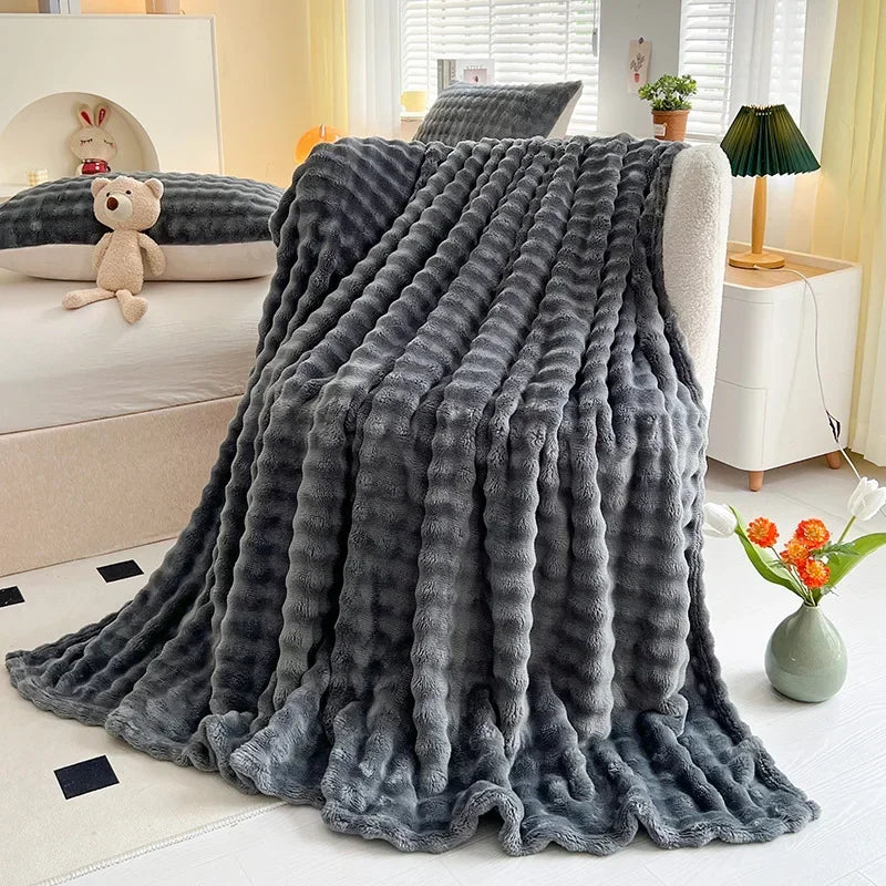 Afralia™ Soft Plush Faux Rabbit Fur Throw Blanket - White Striped Luxury Fluffy Blanket