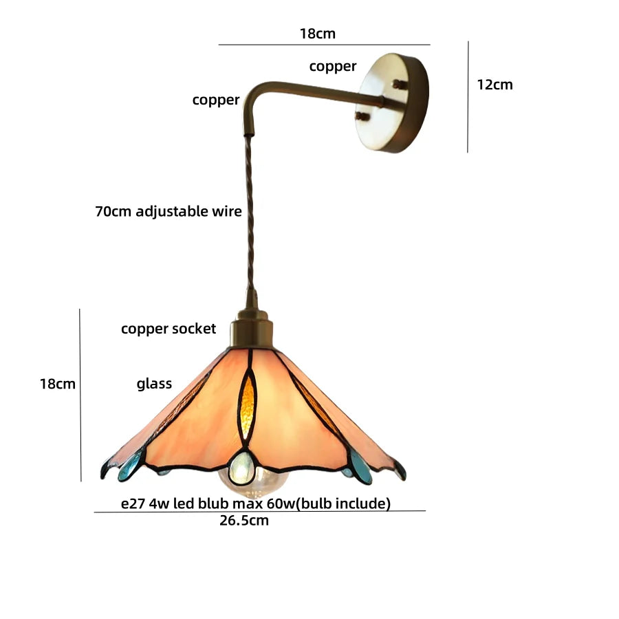Afralia™ Tiffany Yellow Glass Wall Light Sconce with Pull Chain - Bedroom Balcony LED Fixture