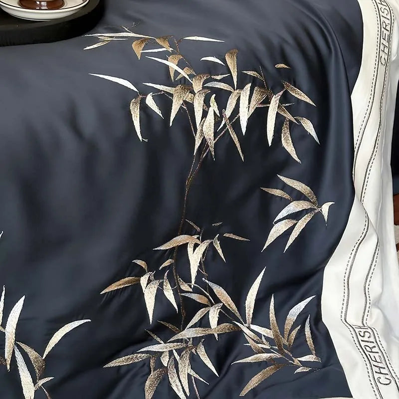 Afralia™ Bamboo Embroidery 1000TC Egyptian Cotton Bedding Set in Luxury Dark Blue