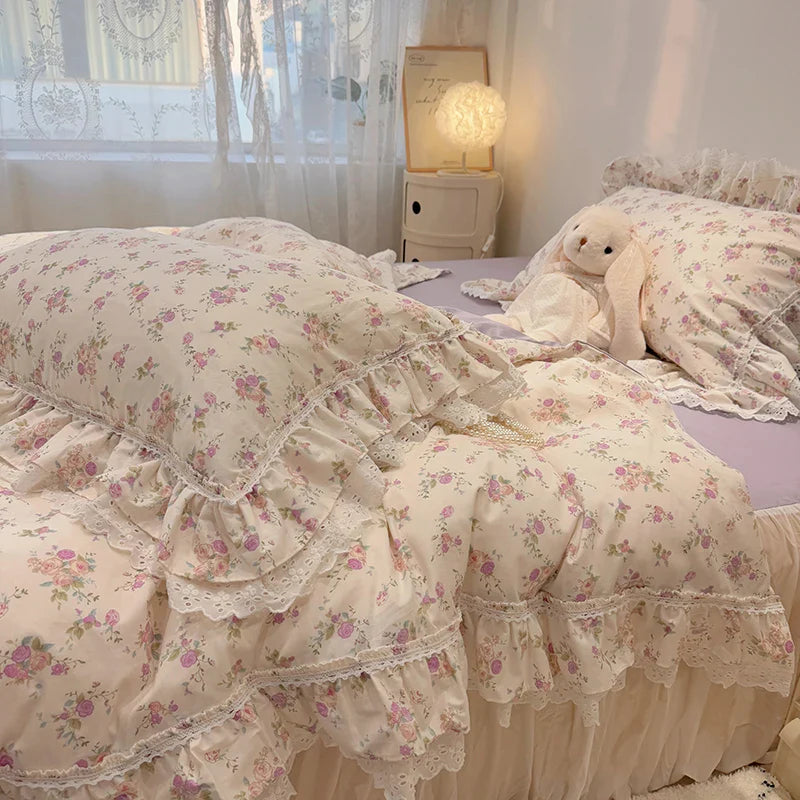 Afralia™ Korean Princess Style Floral Lace Ruffles Bedding Set with Pillowcase