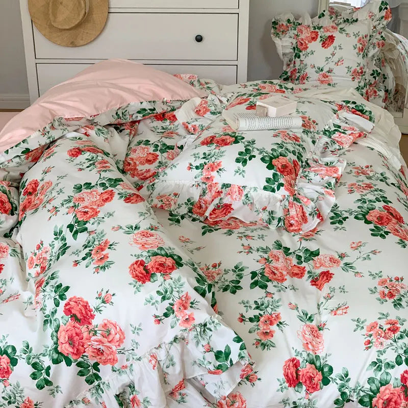 Afralia™ French Vintage Rose Print Bedding Set with Lace Ruffles and Linen Details