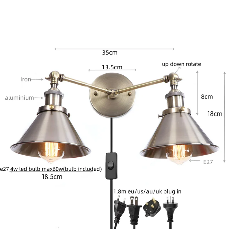 Afralia™ Industrial Vintage Double Heads LED Wall Light for Adjustable Coffee Reading