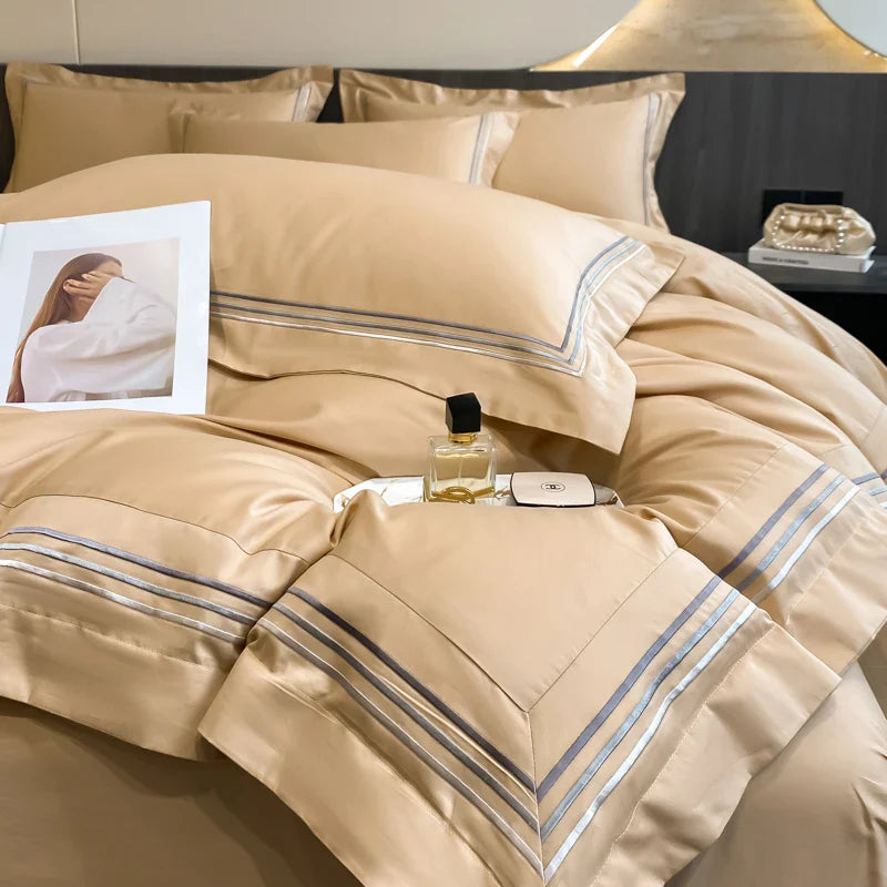 Afralia™ Luxury Hotel Bedding Set | Cotton | Queen King Size | Embroidered Solid Color