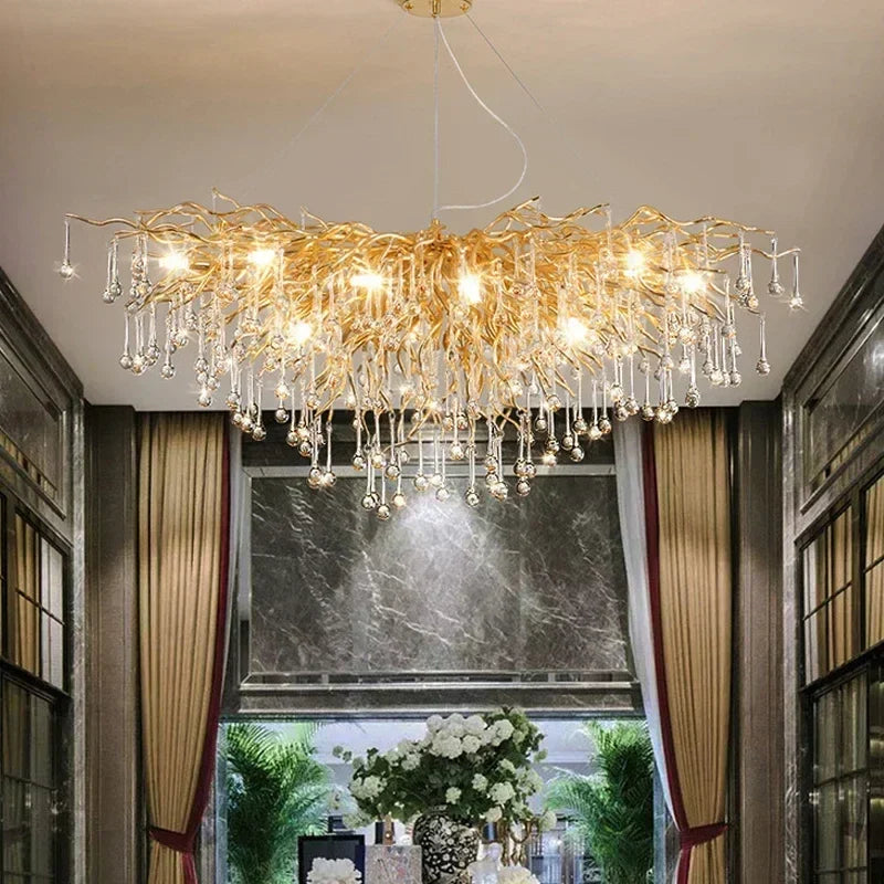 Afralia™ Branch-shaped Golden Crystal Chandelier for Villa Bedroom and Living Room