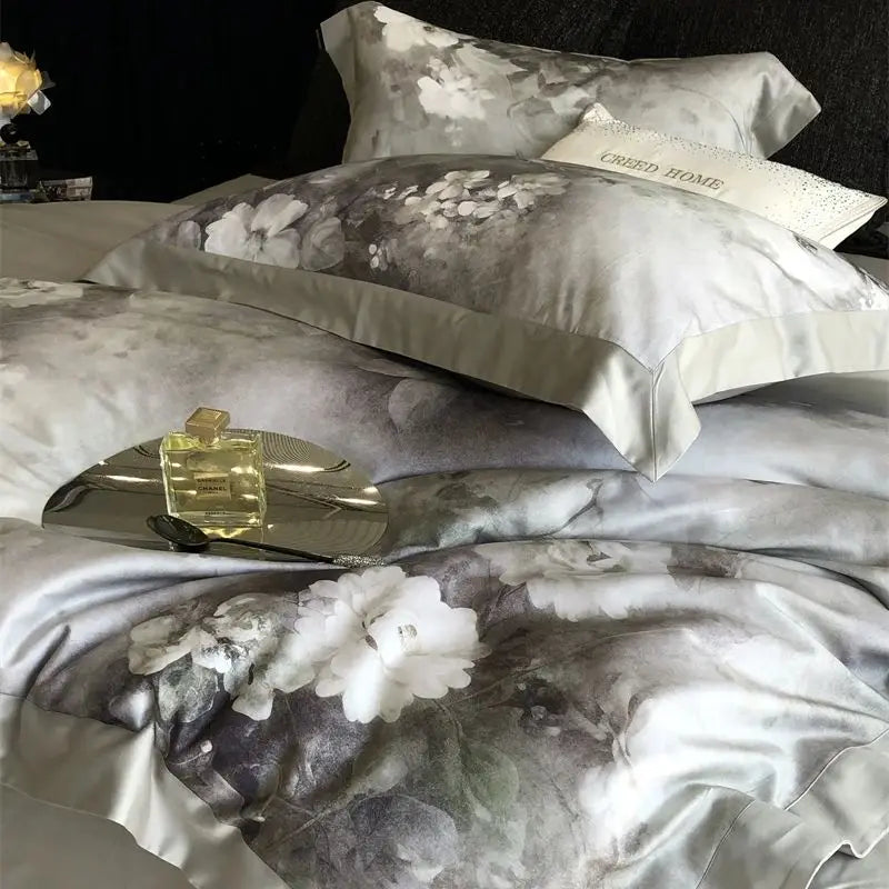 Afralia™ Flowers Pattern Brushed Bedding Set: Duvet Cover, Bed Sheet, Fitted Sheet, Pillowcase 4Pcs