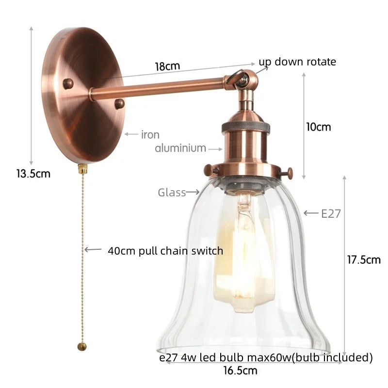 Afralia™ Rustic Clear Glass LED Wall Light Fixture Industrial Style for Home Decor