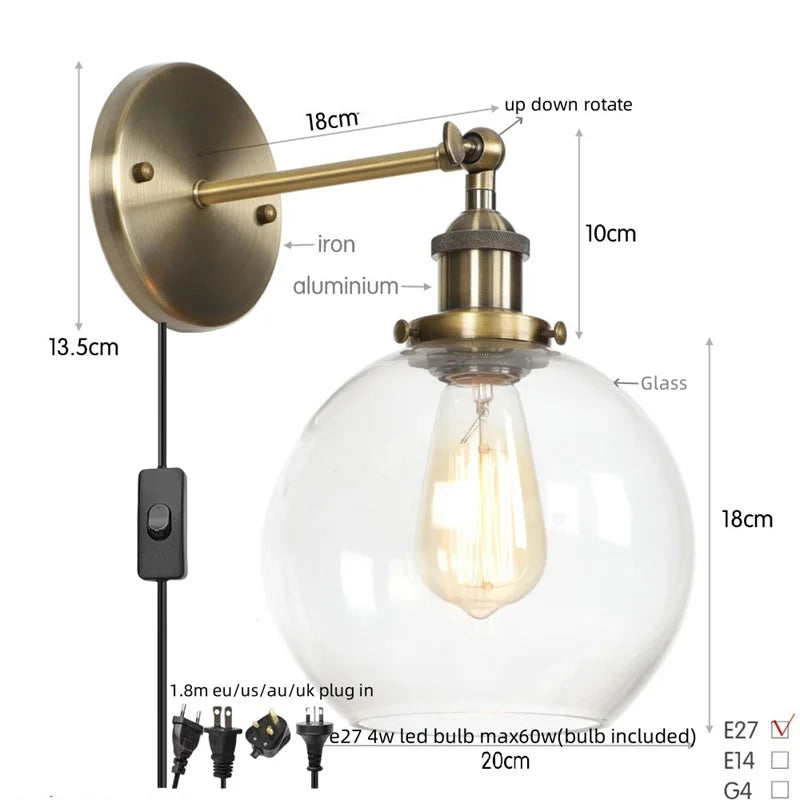 Afralia™ Vintage Globe Glass LED Wall Lamp for Living Room Porch Industrial Bedside