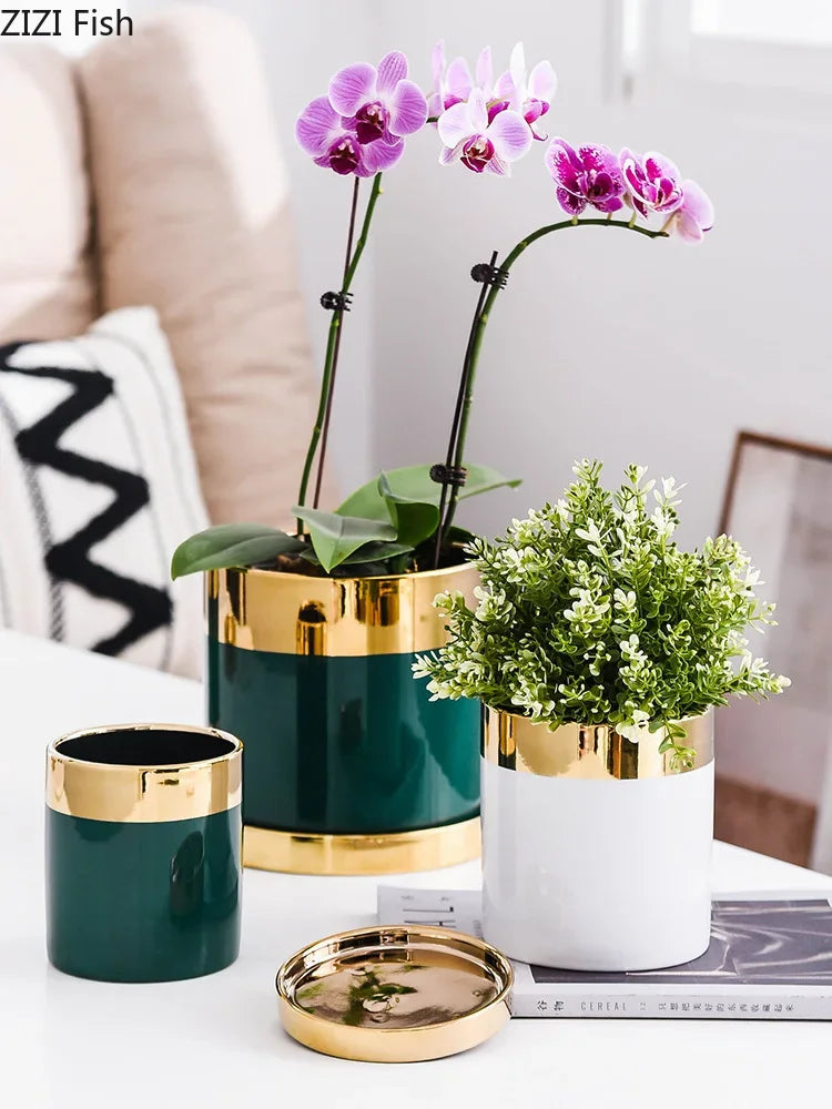 Afralia™ Luxury Emerald Ceramic Flowerpot with Gilded Border for Home and Office Decor