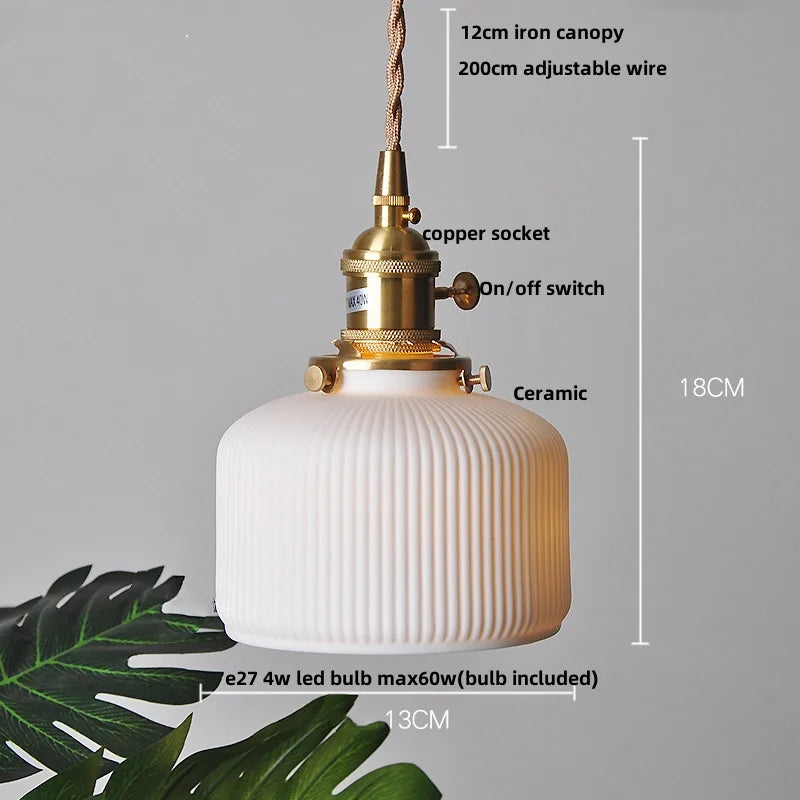 Afralia™ Ceramic LED Pendant Light Fixture with Adjustable Wire, Brass Knob Switch
