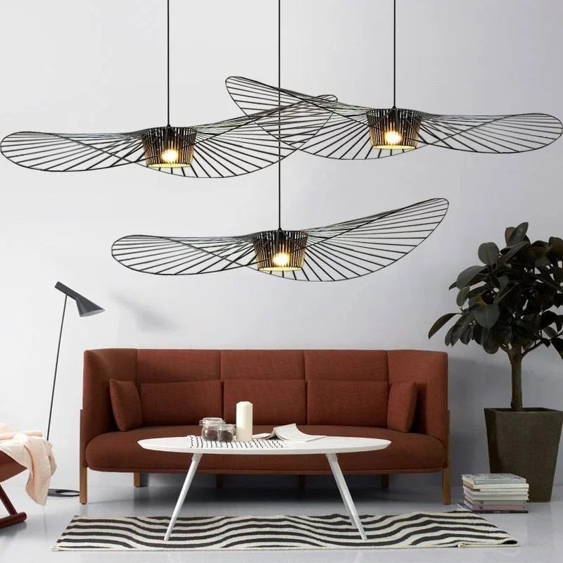 Afralia™ Black Rattan Hat Pendant Lamp LED Chandelier for Home Decor