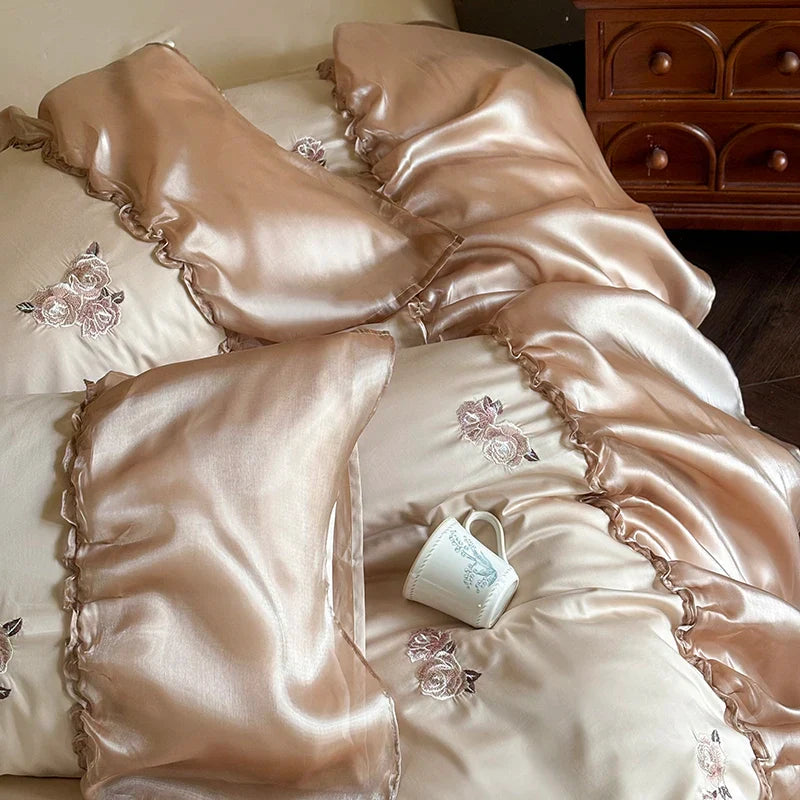 Afralia™ Organza Lace Ruffles Flowers Embroidery 1000TC Egyptian Cotton Bedding Set