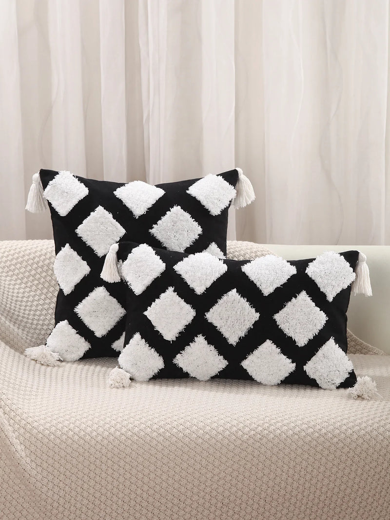 Geometric Tufted Cushion Cover with Fringe by Afralia™ - Black White Beige Sofa Pillow