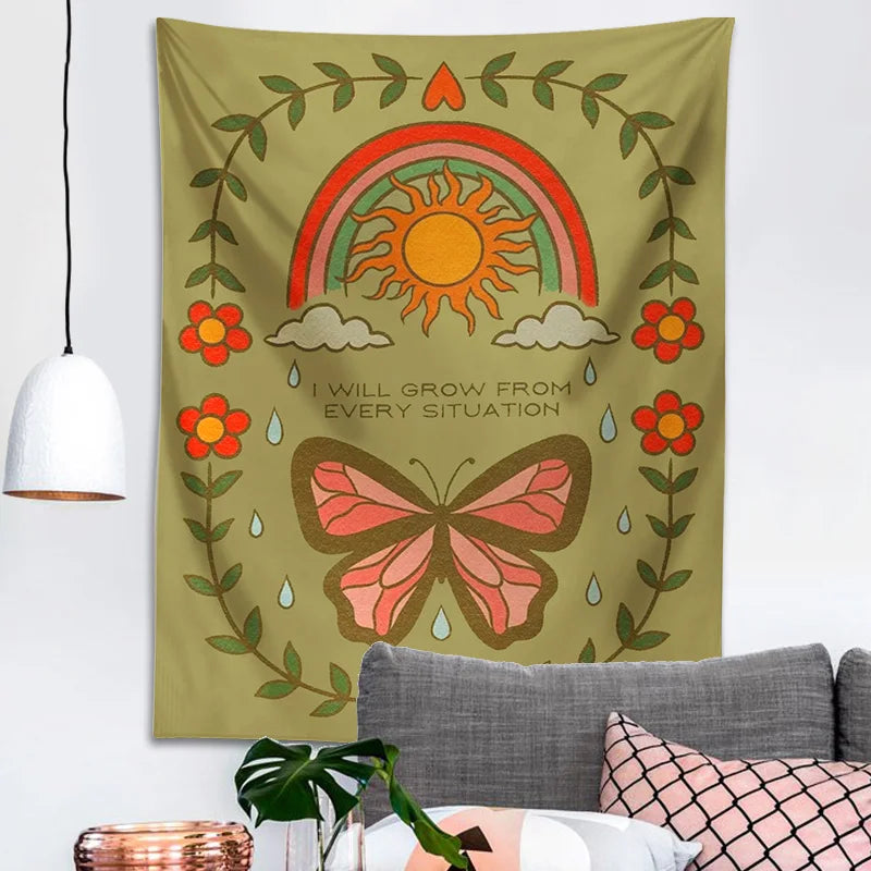 Afralia™ Retro Rainbow Butterfly Botanical Flower Wall Hanging Tapestry Home Decor