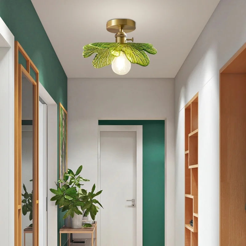 Afralia™ Green Flower Glass Copper Ceiling Light - Nordic Modern LED, Living Room Bedroom Hallway Fixtures