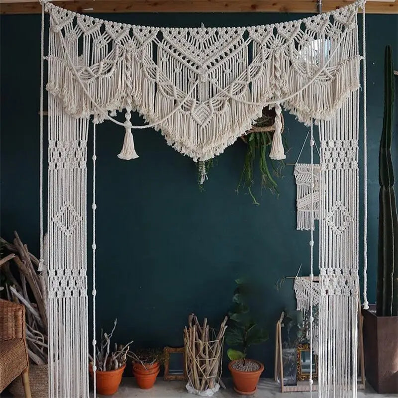 Afralia™ Macrame Cotton Wedding Tapestry Window Curtain Wall Hanging Boho Decor