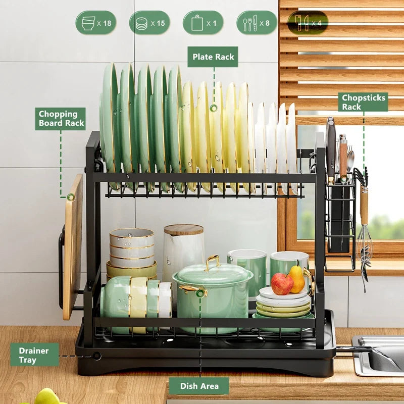 Afralia™ 2 Tier Kitchen Storage & Drying Rack - Countertop Organizer for Dinnerware & Utensils