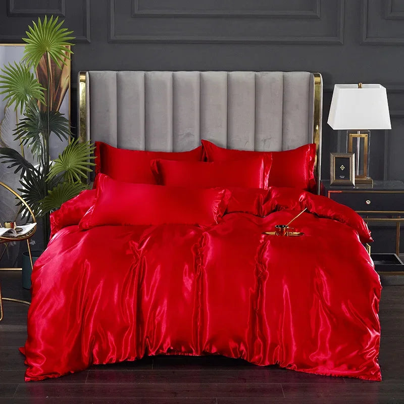 Afralia™ Nordic Faux Silk Solid Color Bedding Sets for Queen/King Bed Home Décor