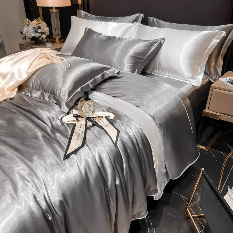 Afralia™ Silk Bedding Set: Mulberry Silk Duvet Set with Fitted Sheet, King or Queen Size