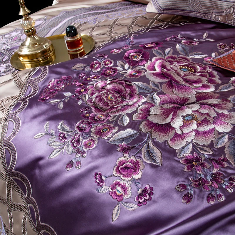 Afralia™ Palace Style Purple Flowers Bedding Set Embroidered Brocade Duvet Cover Sheets Pillows