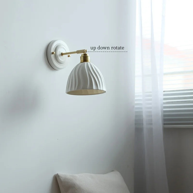 Afralia™ Ceramic Wall Sconce with Copper Arm | Pull Chain Switch LED Bedroom Lamp
