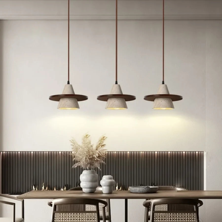 Afralia™ LED Wood Pendant Light Adjustable Yellow Stone Bedroom Coffee Hanging Lamp