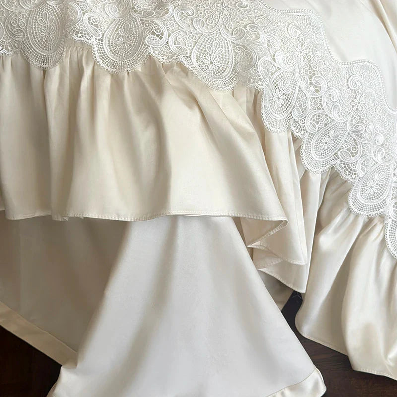Afralia™ French Lace Ruffle Princess Wedding Bedding Set with Brushed Duvet Cover & 2 Pillowcases