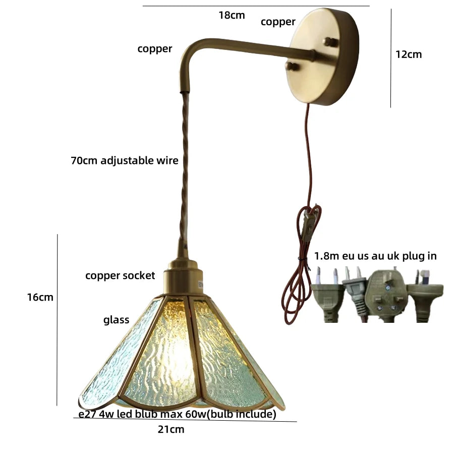 Afralia™ Blue Glass LED Wall Sconce Pull Chain Switch Staircase Tiffany Style Mirror Light