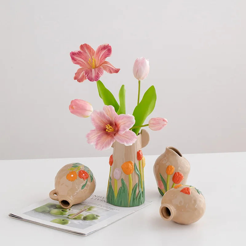 Afralia™ Ceramic Tulip Vase: Handmade Vintage 3D Flower Arrangement Home Decor