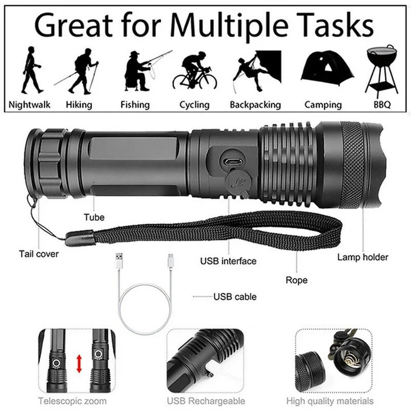 Afralia™ XHP100 Rechargeable LED Flashlight for Camping, Outdoor & Emergency
