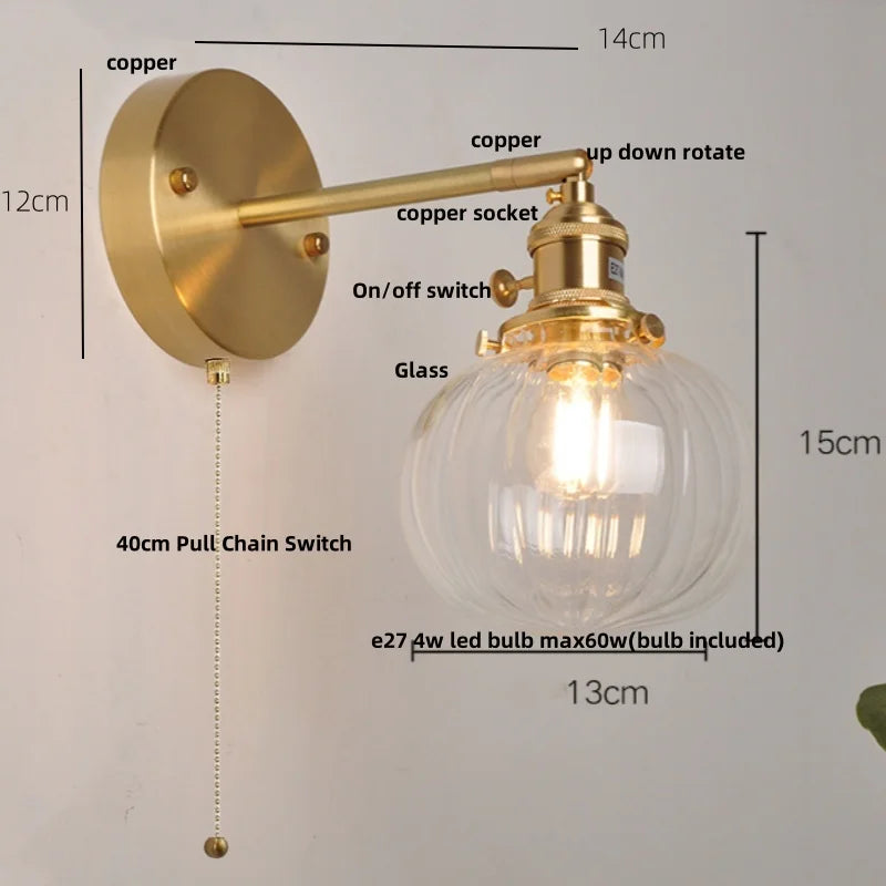Afralia™ Nordic LED Glass Wall Light Fixture with Pull Chain Switch - Modern Rotating Bedside Lamp