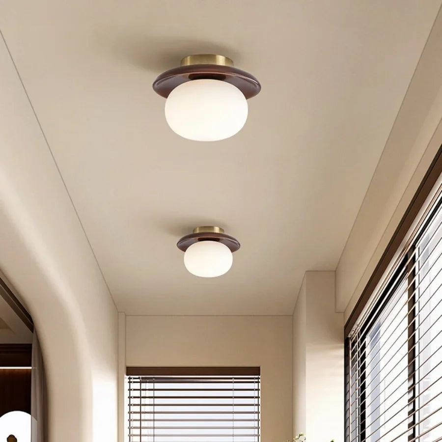 Afralia™ White Glass LED Ceiling Light Fixture with Wood Copper Canopy