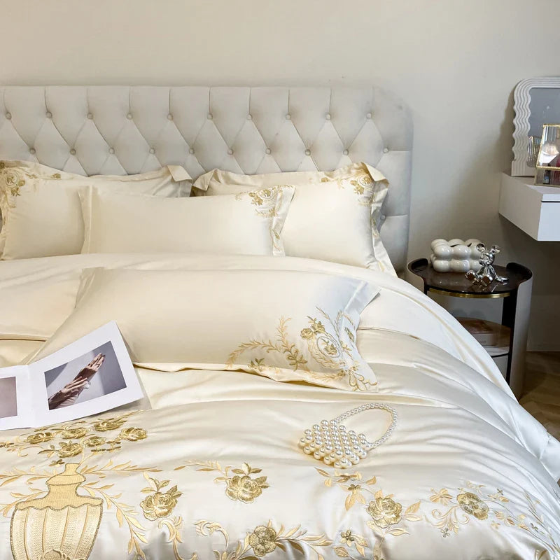 Afralia™ Luxury Gold Flowers Embroidery Cotton Bedding Set
