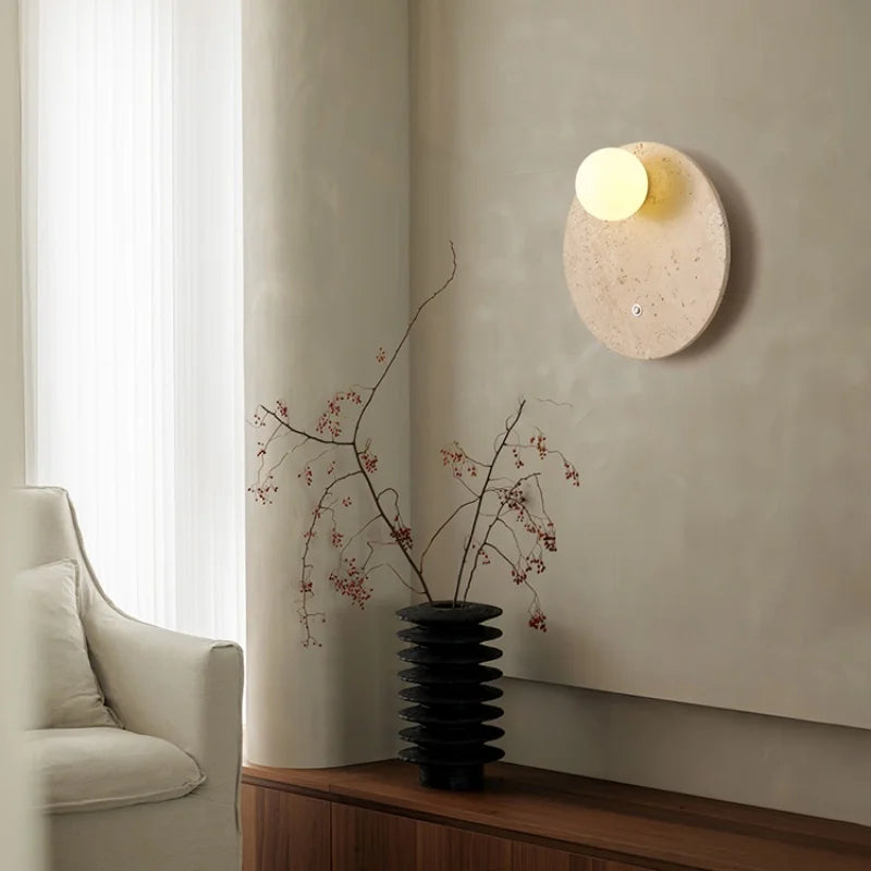 Afralia™ White Glass LED Wall Lights Yellow Travertine Stone Modern Disc Switch Bedside Lamp