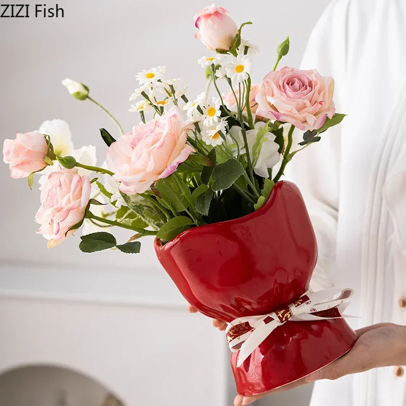 Afralia™ Lovely Ribbon Ceramic Vase Set for Cute Room Aesthetic Decor