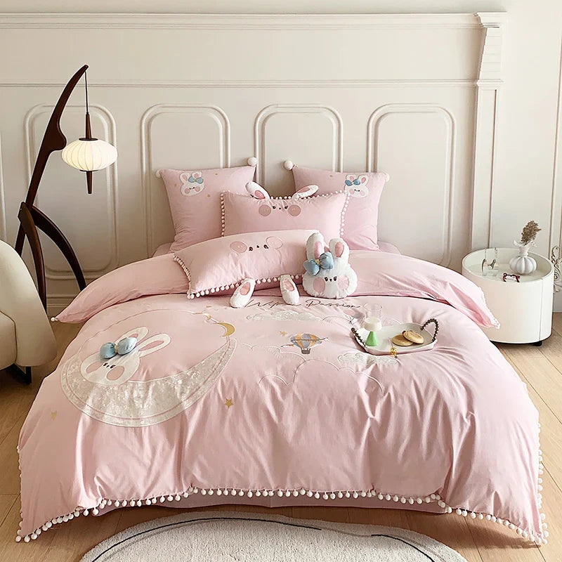 Afralia™ Cartoon Rabbit Moon Embroidery 100% Cotton Girls Bedding Set with Ball Edge