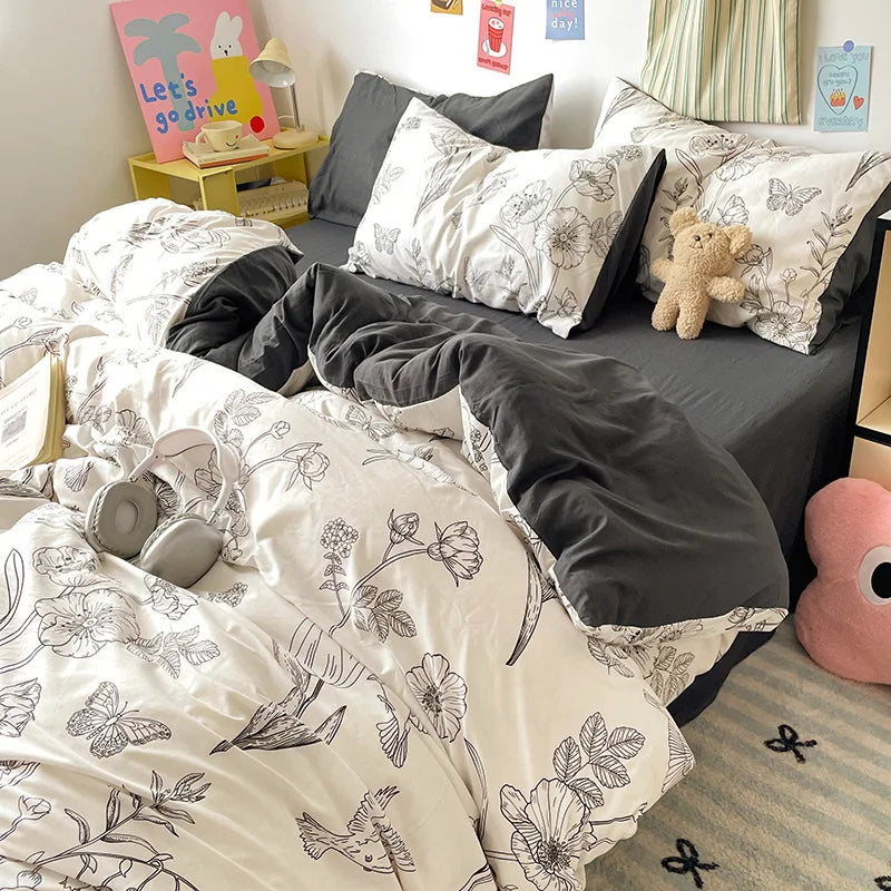 Afralia™ Cartoon Pattern Cotton Bed Sets Quilt Cover Sheet Pillowcase Bedclothes