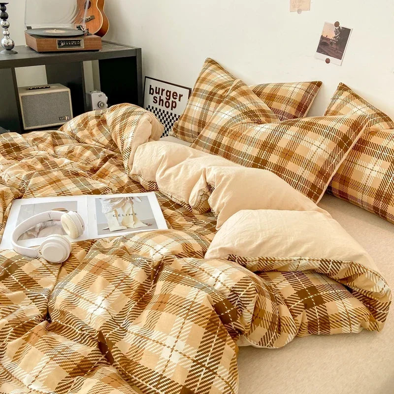 Afralia™ Japanese Style Check Duvet Cover Set - Soft Washed Quilt Cover & Pillowcase