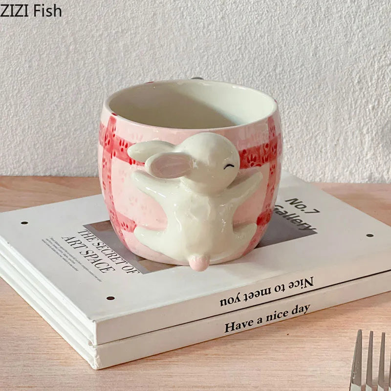 Afralia™ Rabbit Cartoon Ceramic Cup & Saucer Set for Dining Table and Coffee | Tea Mug