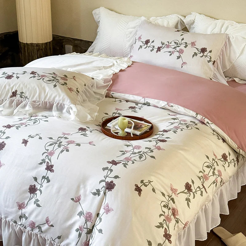Afralia™ Lace Ruffles Princess Cotton Bedding Set, Floral Quilt Cover, Girls Wedding Home Textiles
