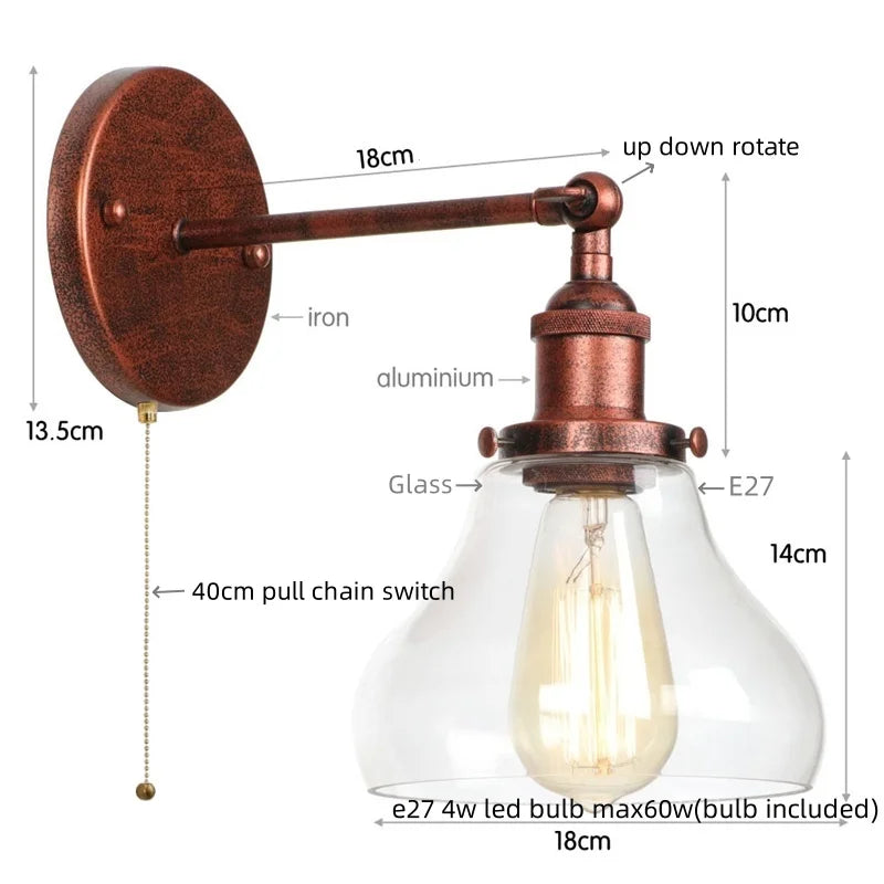 Afralia™ Red Bronze LED Wall Lamp with Pull Chain Switch and Clear Glass