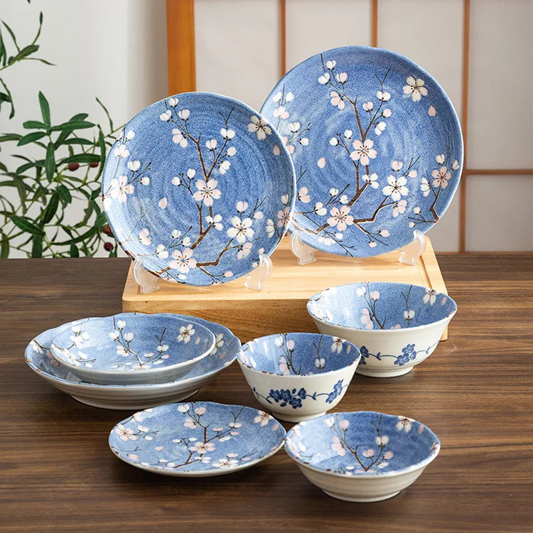 Afralia™ Sakura Blue Ceramic Dining Set - Soup Bowl and Flat Plate Combination