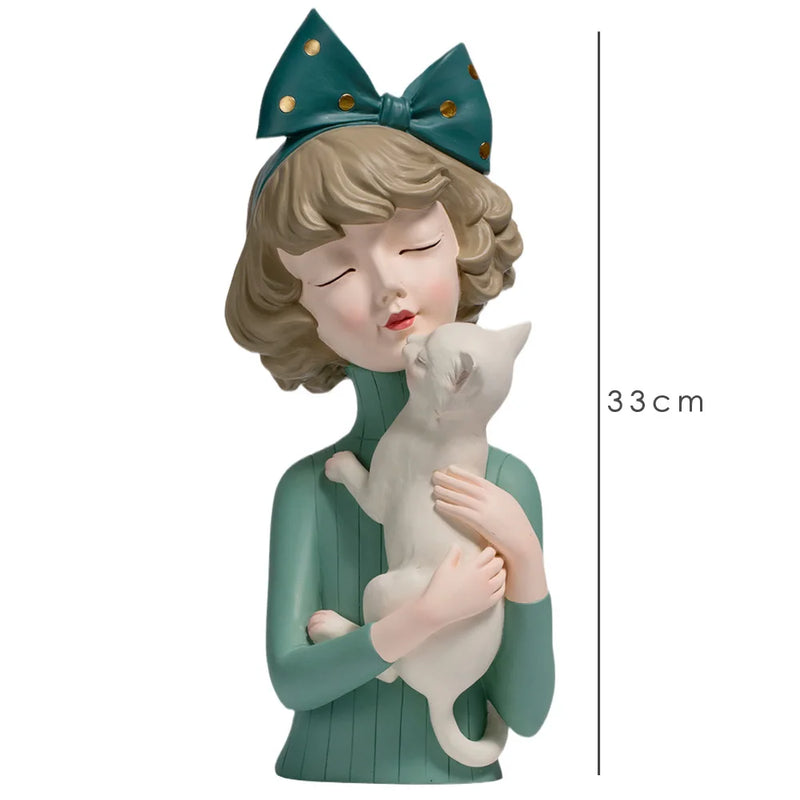 Bow Hairpin Girl Figure Statue Holding Kitten & Dog Sculptures by Afralia™