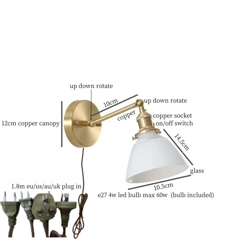 Afralia™ Nordic Brass Glass LED Wall Lamp Switch Modern Vintage Sconce Interior Lighting