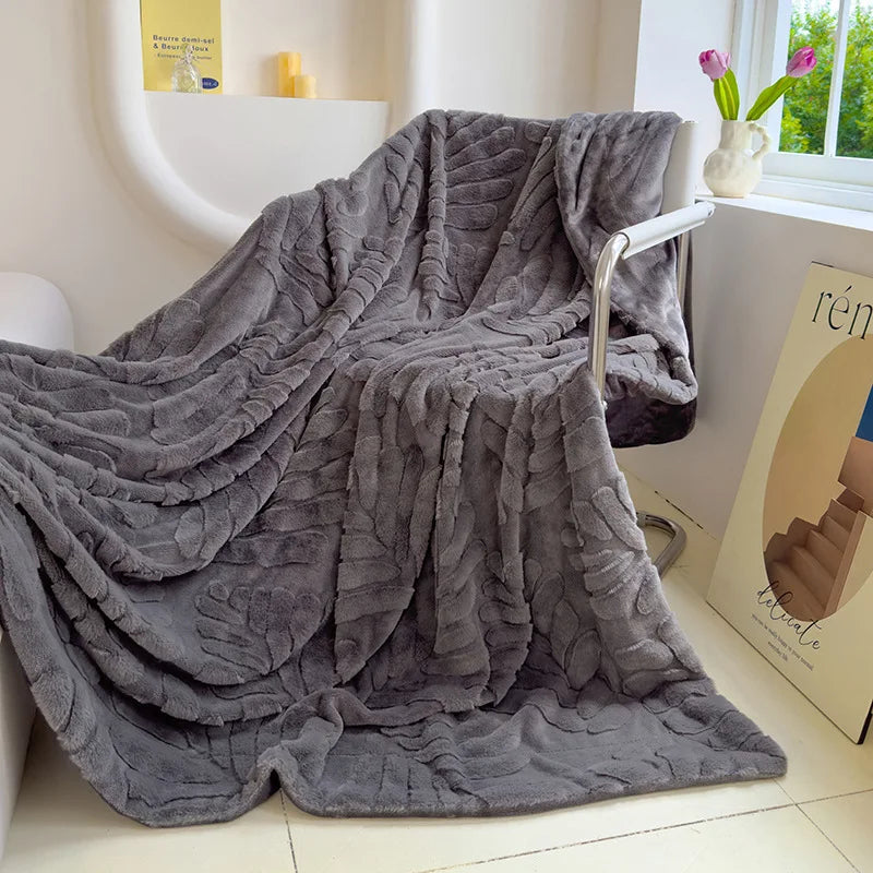 Afralia™ Plush Banana Leaf Jacquard Double Layered Fur Blanket