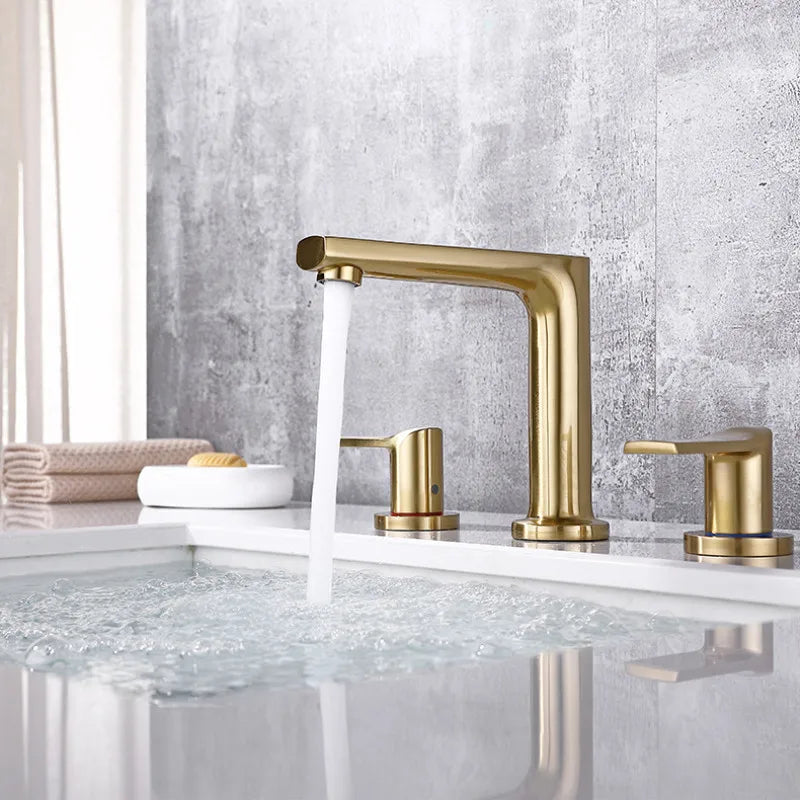 Afralia™ Brush Gold Widespread Basin Faucet Three Hole Mixer, Hot Cold, 8" Centers