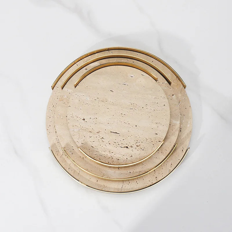 Afralia™ Beige Brown Travertine Marble Tray with Metal Frame