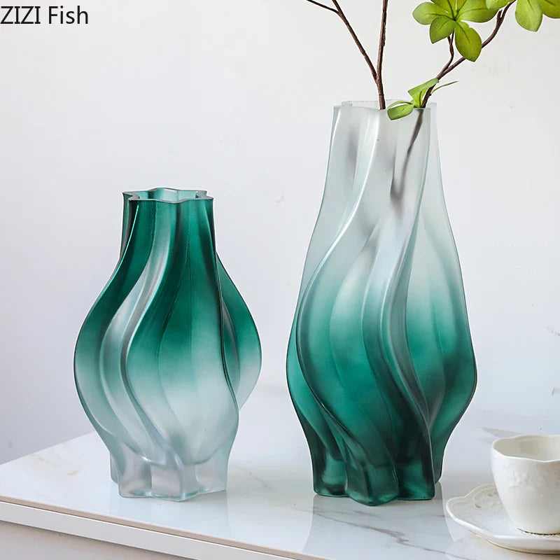Afralia™ Green Ripple Glass Vase with Artificial Flowers for Home Decor