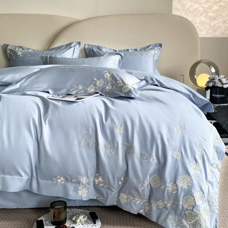 Afralia™ Embroidery Cotton Bedding Set: King Queen Europe Sheet Duvet Cover Pillowcase Bed Linens